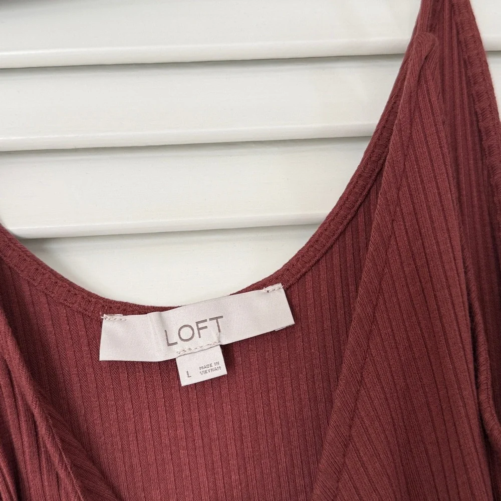 LOFT Maroon Ribbed Maxi Dress Button Front Midi Sleeveless Sundress Large - Picture 6 of 8
